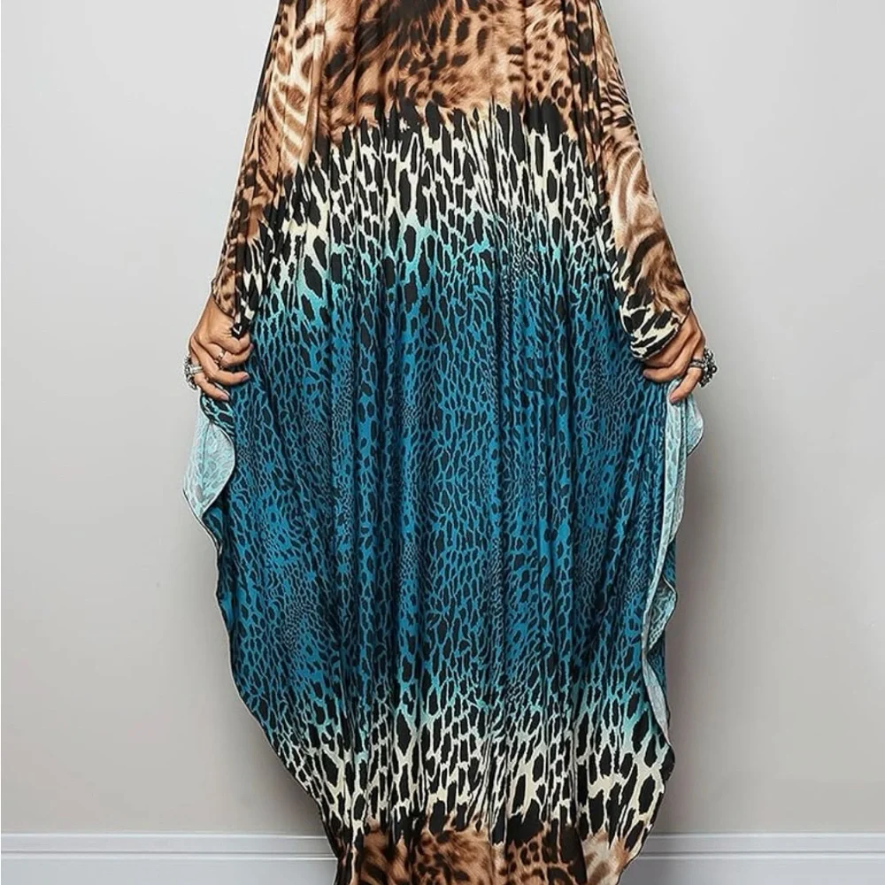 TikTok Viral Leopard and Teal Kaftan Dress - Picture 2 of 3